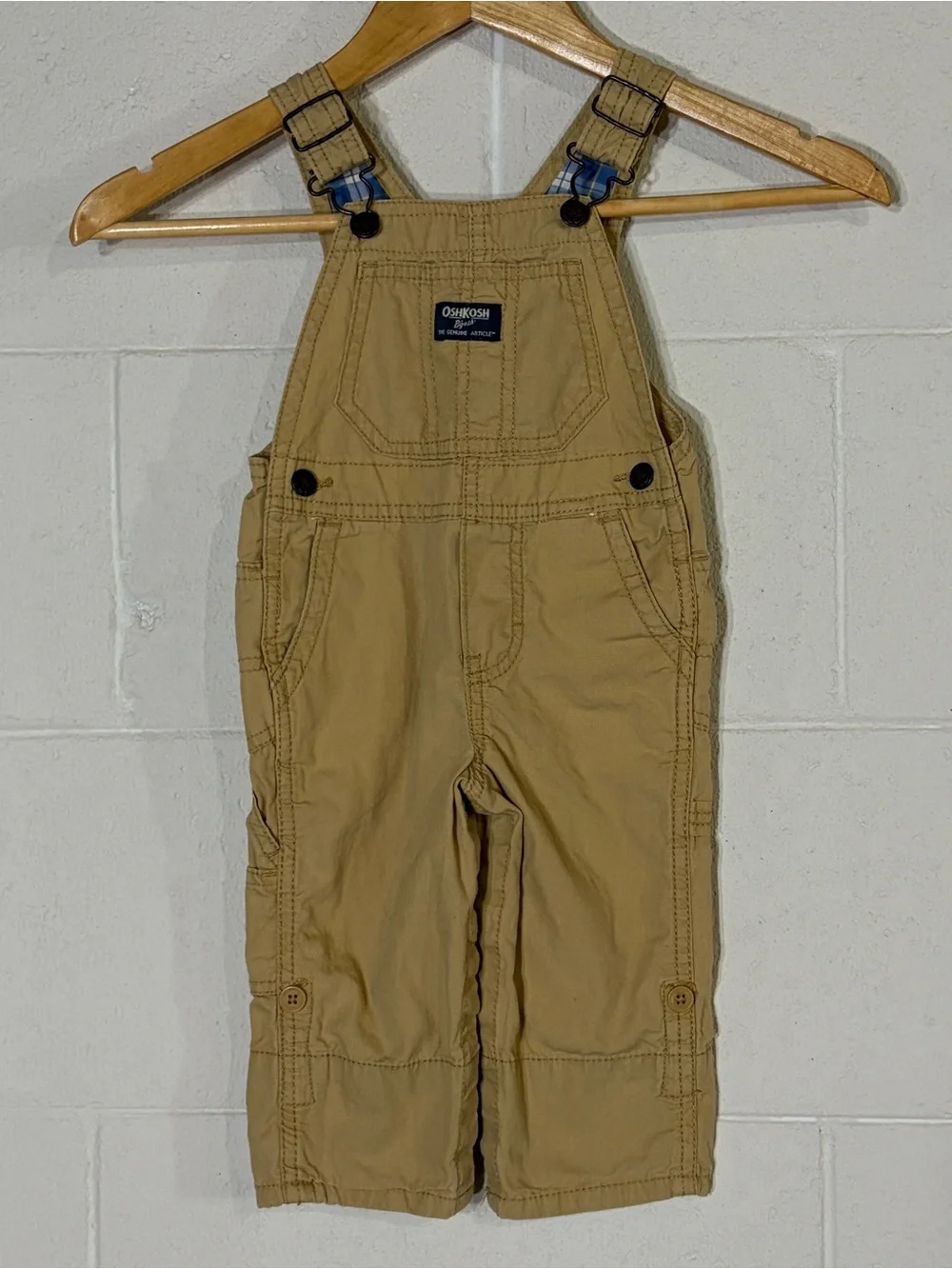 OshKosh B'gosh 12M Beige/Blue 100% Cotton Overall Adjustable One-Piece Pockets